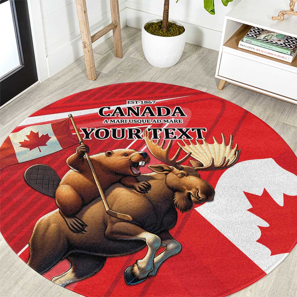 Personalized Beaver and Moose Happy Canada Day Round Carpet Est 1867 A Mari Usque Ad Mare