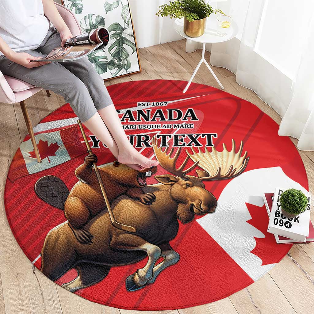 Personalized Beaver and Moose Happy Canada Day Round Carpet Est 1867 A Mari Usque Ad Mare