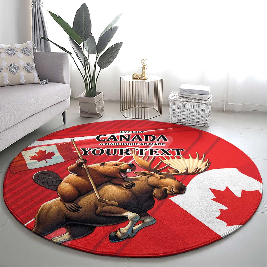 Personalized Beaver and Moose Happy Canada Day Round Carpet Est 1867 A Mari Usque Ad Mare