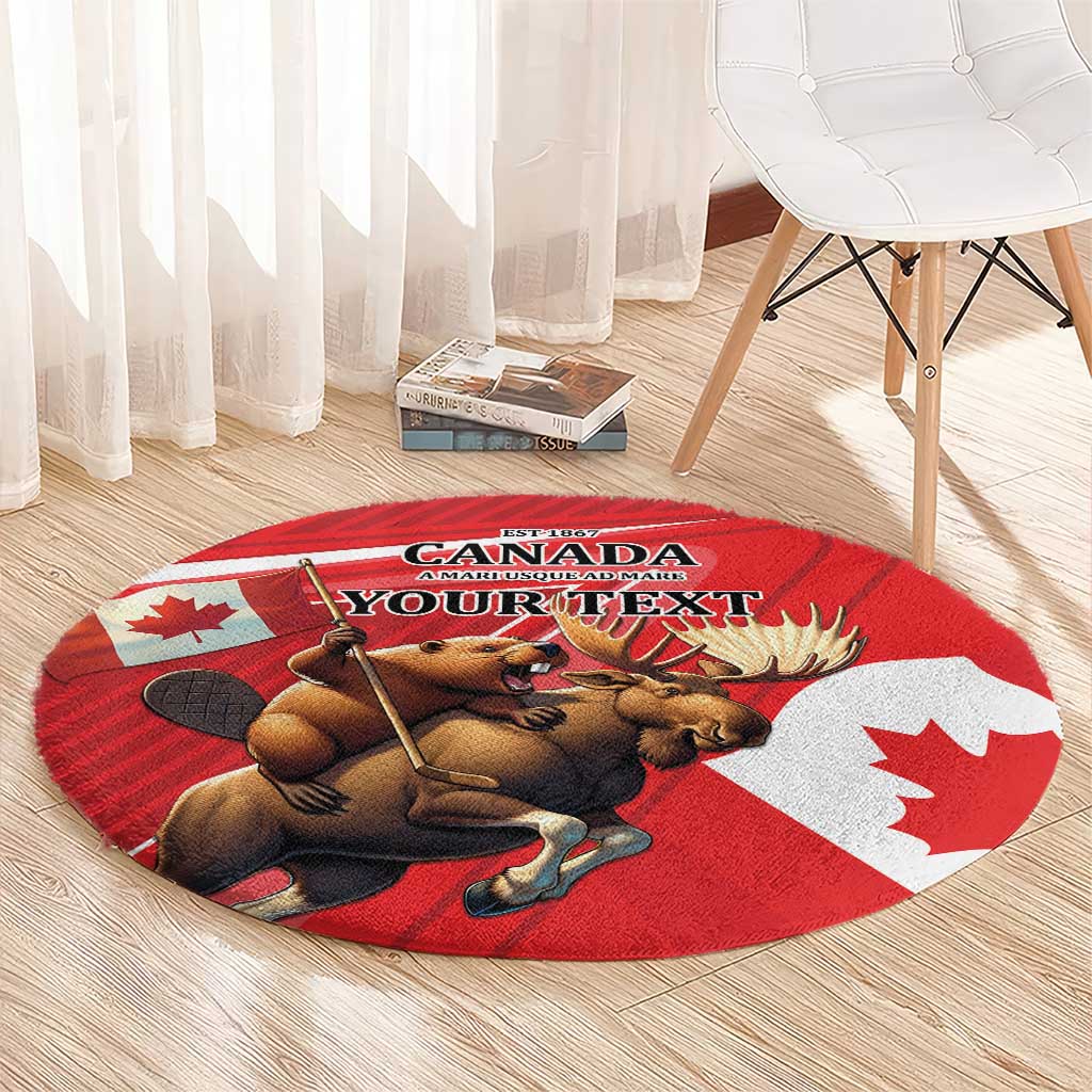 Personalized Beaver and Moose Happy Canada Day Round Carpet Est 1867 A Mari Usque Ad Mare