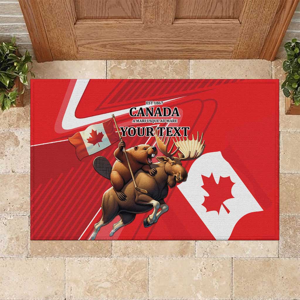Personalized Beaver and Moose Happy Canada Day Rubber Doormat Est 1867 A Mari Usque Ad Mare