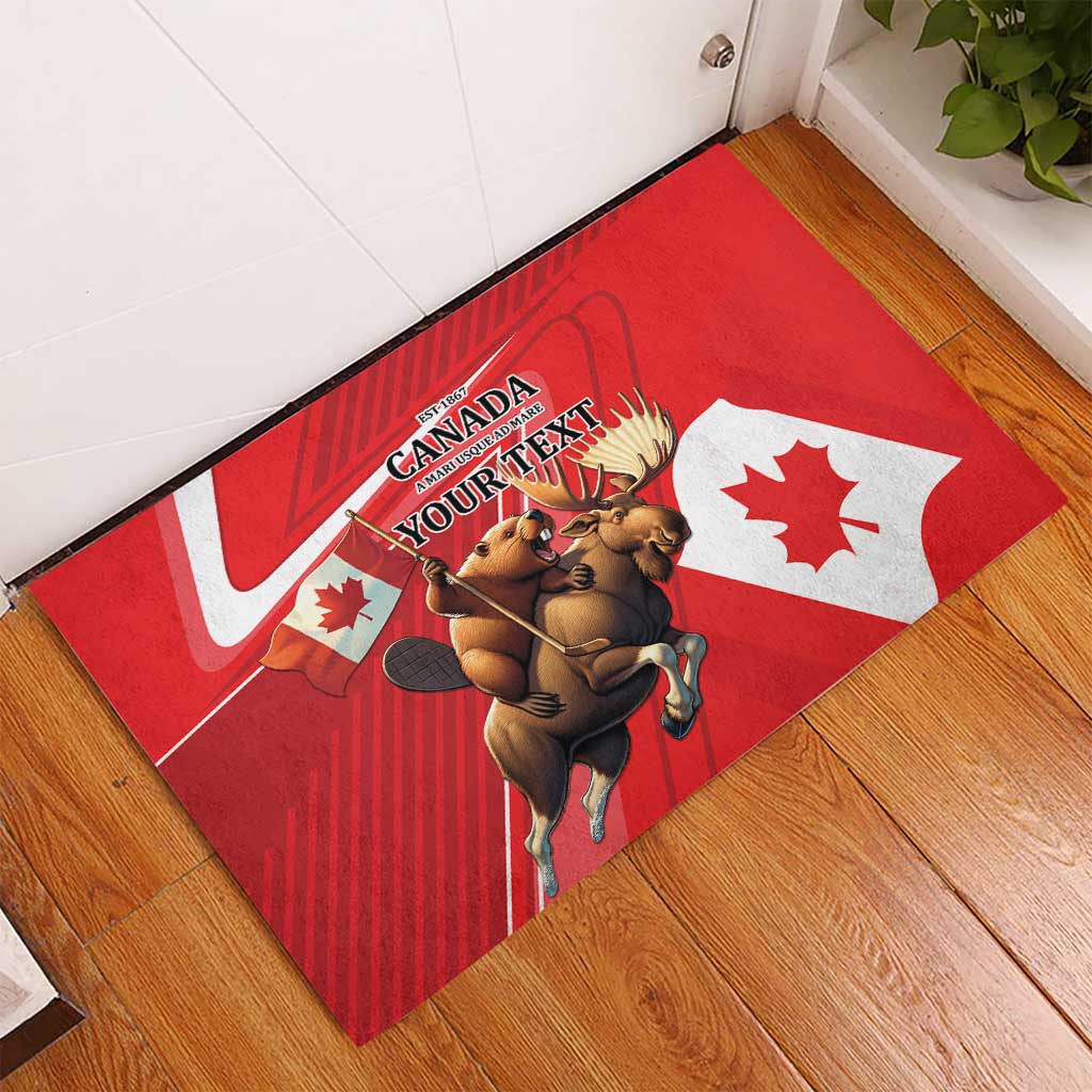 Personalized Beaver and Moose Happy Canada Day Rubber Doormat Est 1867 A Mari Usque Ad Mare