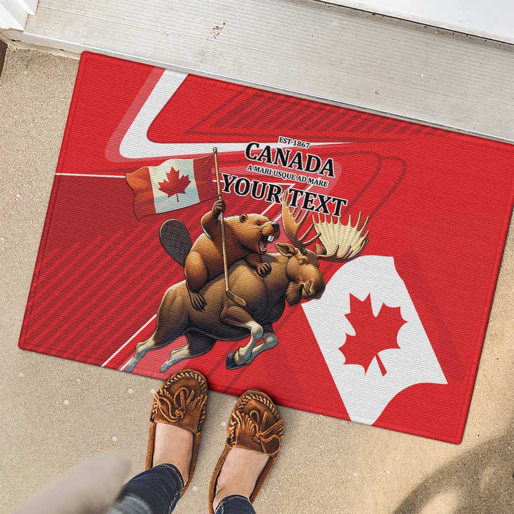 Personalized Beaver and Moose Happy Canada Day Rubber Doormat Est 1867 A Mari Usque Ad Mare