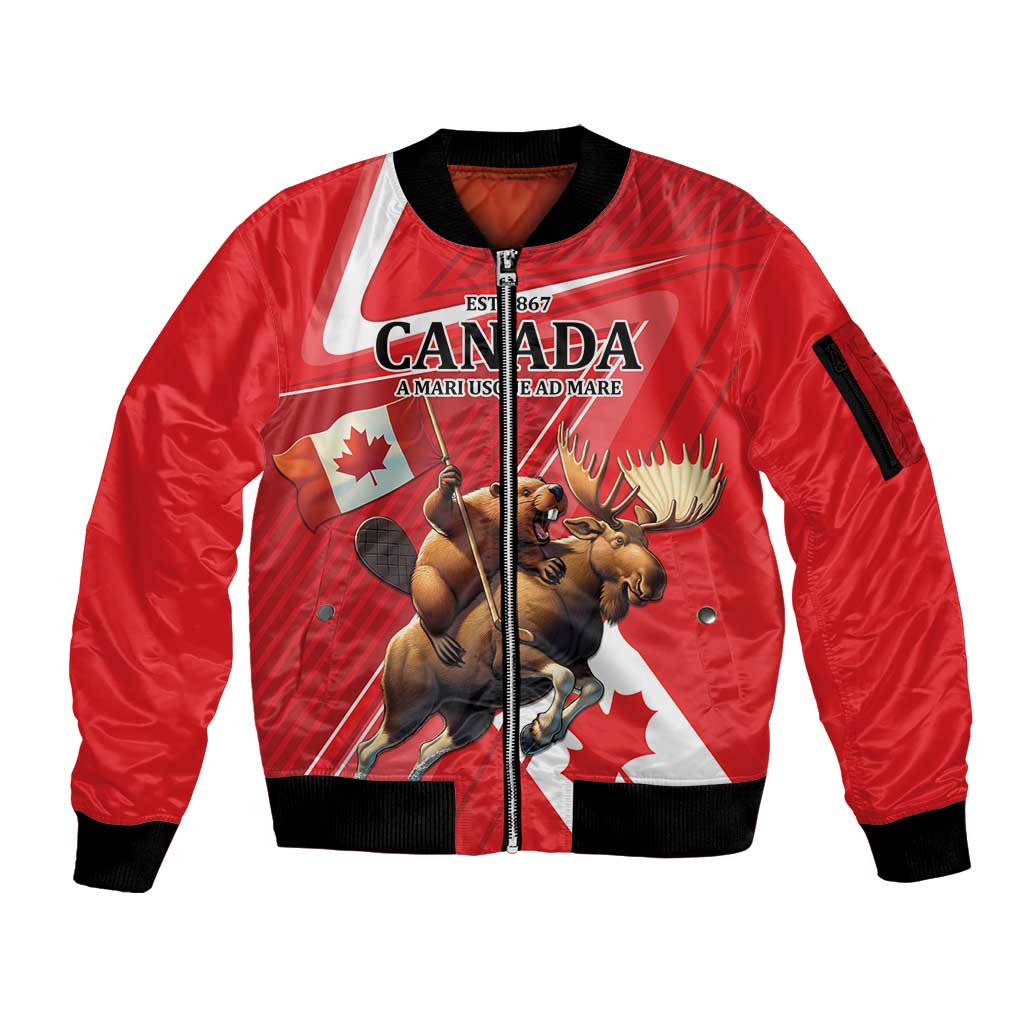 Personalized Beaver and Moose Happy Canada Day Sleeve Zip Bomber Jacket Est 1867 A Mari Usque Ad Mare
