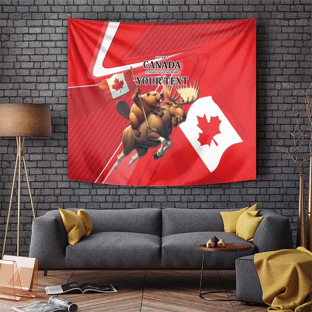 Personalized Beaver and Moose Happy Canada Day Tapestry Est 1867 A Mari Usque Ad Mare