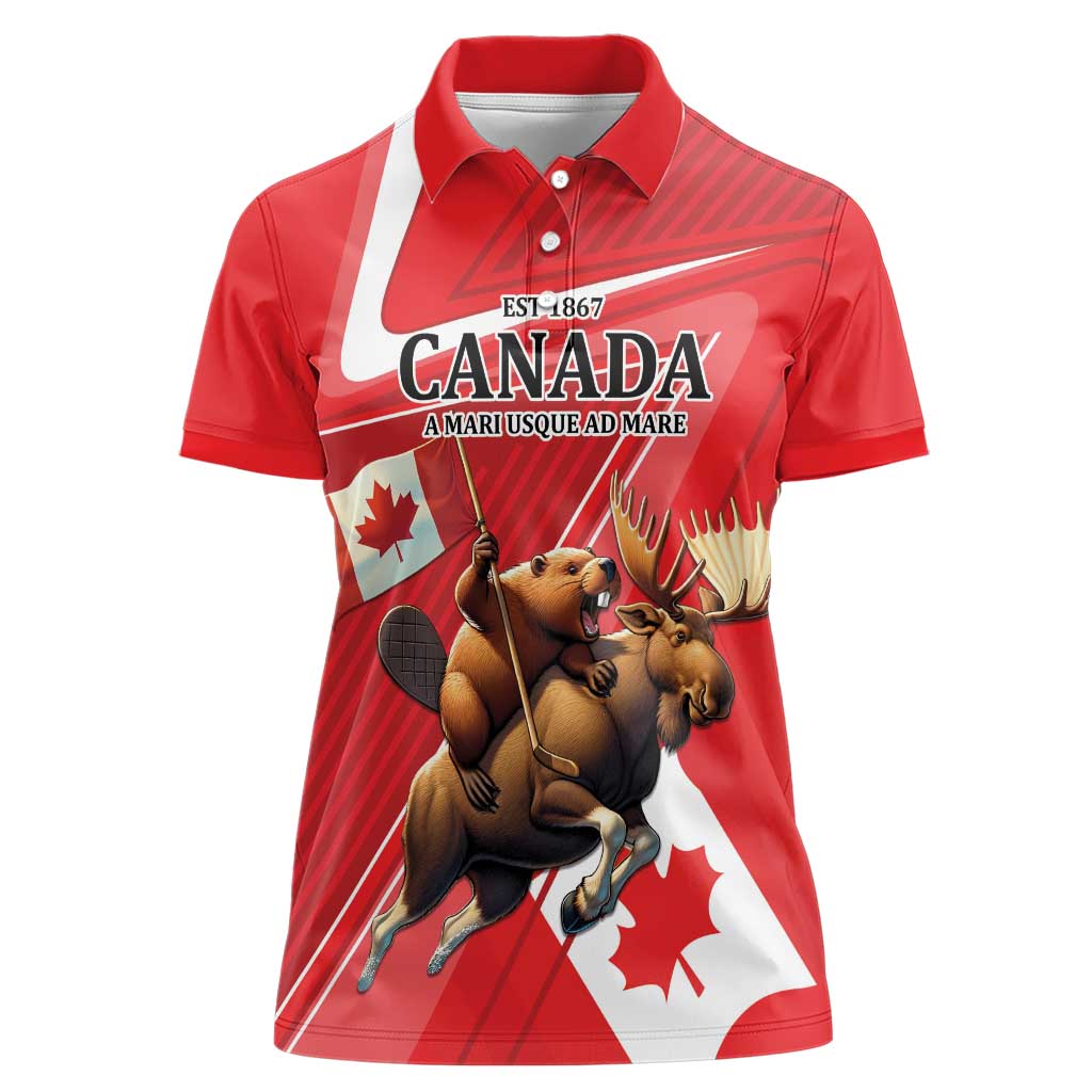 Personalized Beaver and Moose Happy Canada Day Women Polo Shirt Est 1867 A Mari Usque Ad Mare