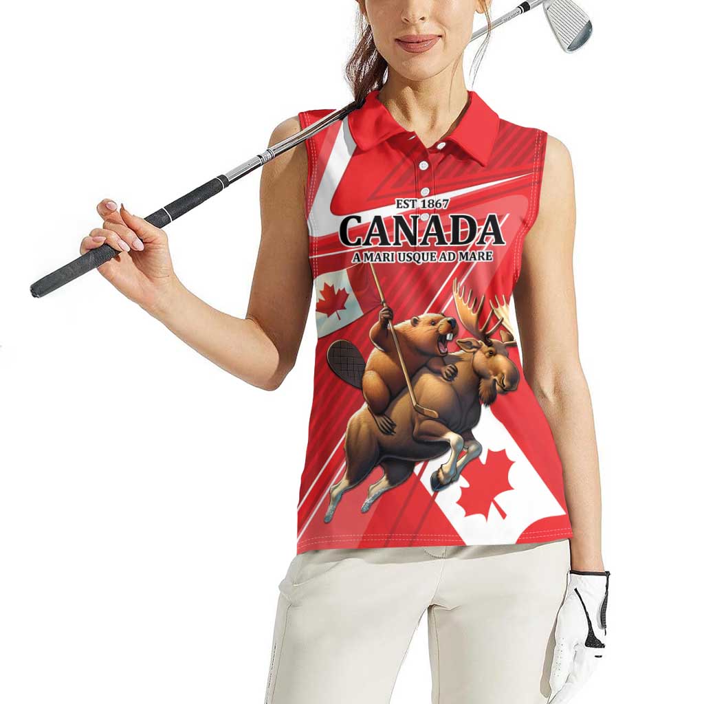 Personalized Beaver and Moose Happy Canada Day Women Sleeveless Polo Shirt Est 1867 A Mari Usque Ad Mare
