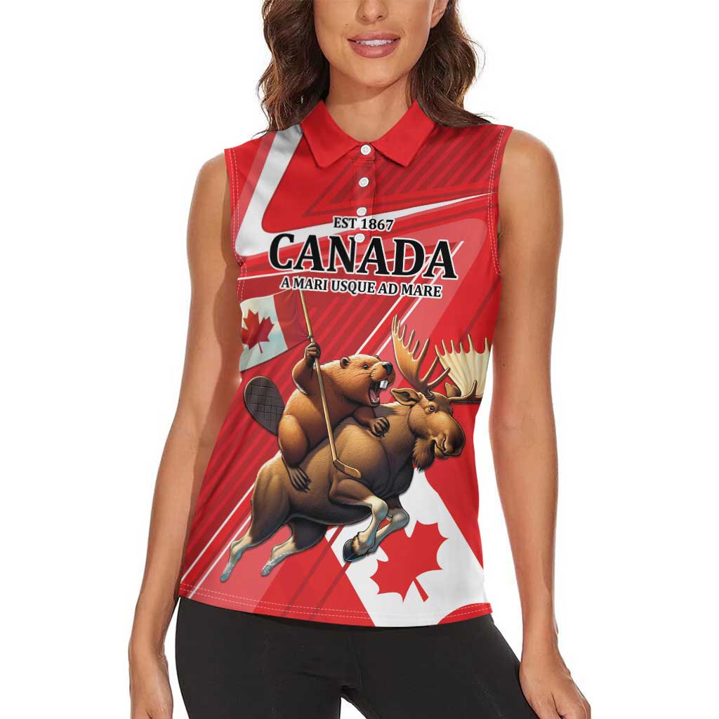 Personalized Beaver and Moose Happy Canada Day Women Sleeveless Polo Shirt Est 1867 A Mari Usque Ad Mare