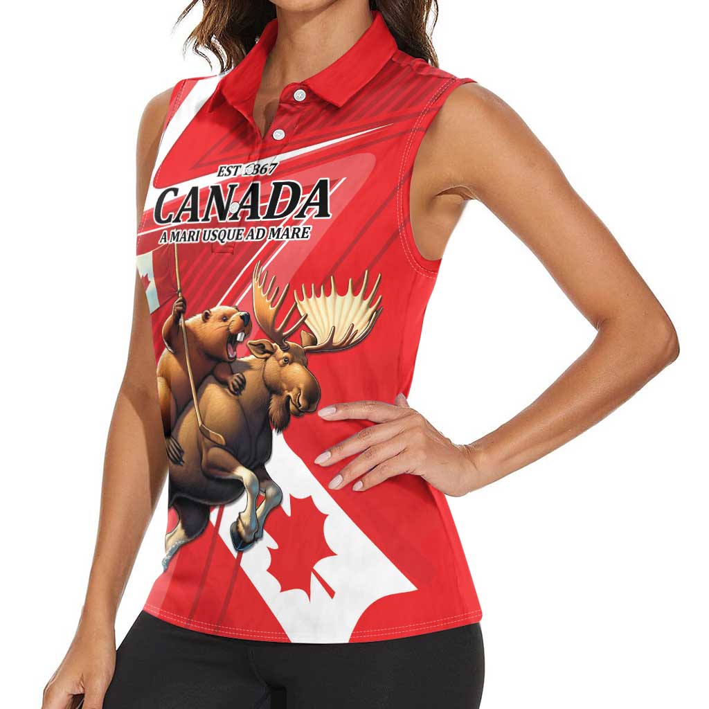 Personalized Beaver and Moose Happy Canada Day Women Sleeveless Polo Shirt Est 1867 A Mari Usque Ad Mare