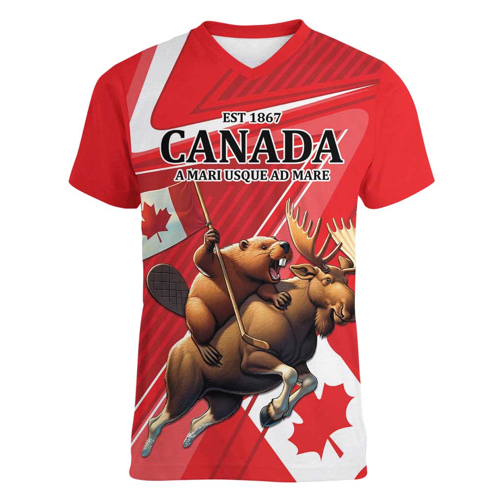 Personalized Beaver and Moose Happy Canada Day Women V-Neck T-Shirt Est 1867 A Mari Usque Ad Mare