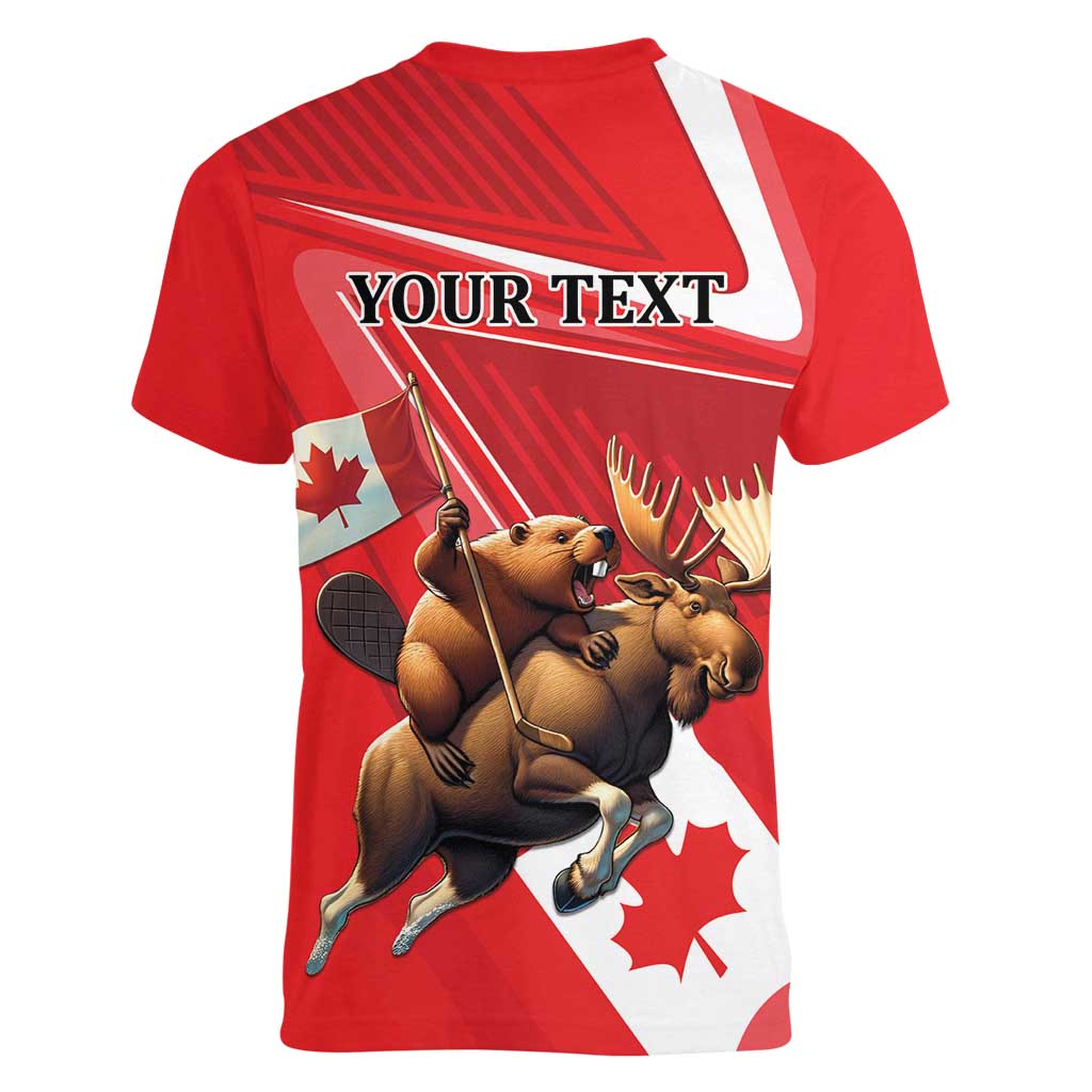 Personalized Beaver and Moose Happy Canada Day Women V-Neck T-Shirt Est 1867 A Mari Usque Ad Mare