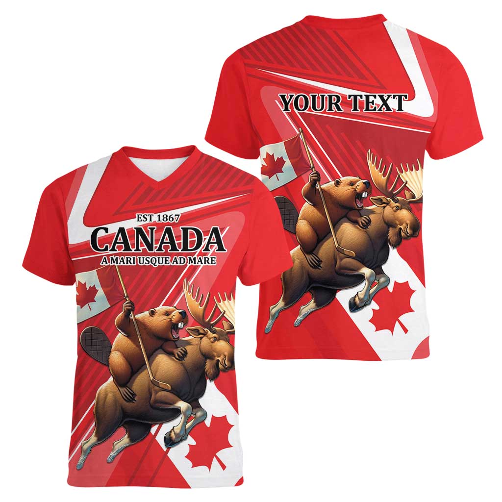 Personalized Beaver and Moose Happy Canada Day Women V-Neck T-Shirt Est 1867 A Mari Usque Ad Mare