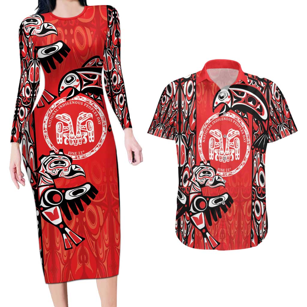 Personalized Canada Indigenous People Day Couples Matching Long Sleeve Bodycon Dress and Hawaiian Shirt Haida Tribe Flag Tattoo Style