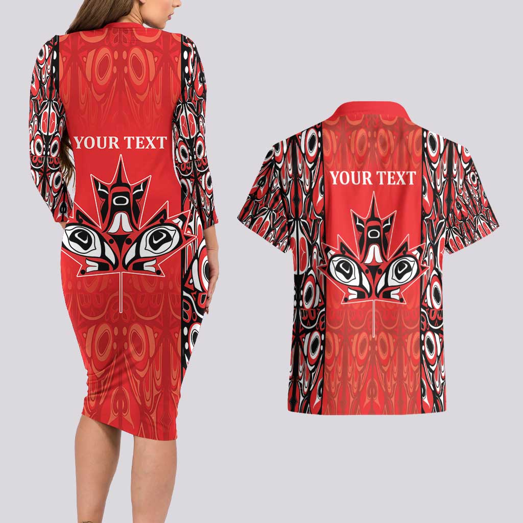 Personalized Canada Indigenous People Day Couples Matching Long Sleeve Bodycon Dress and Hawaiian Shirt Haida Tribe Flag Tattoo Style