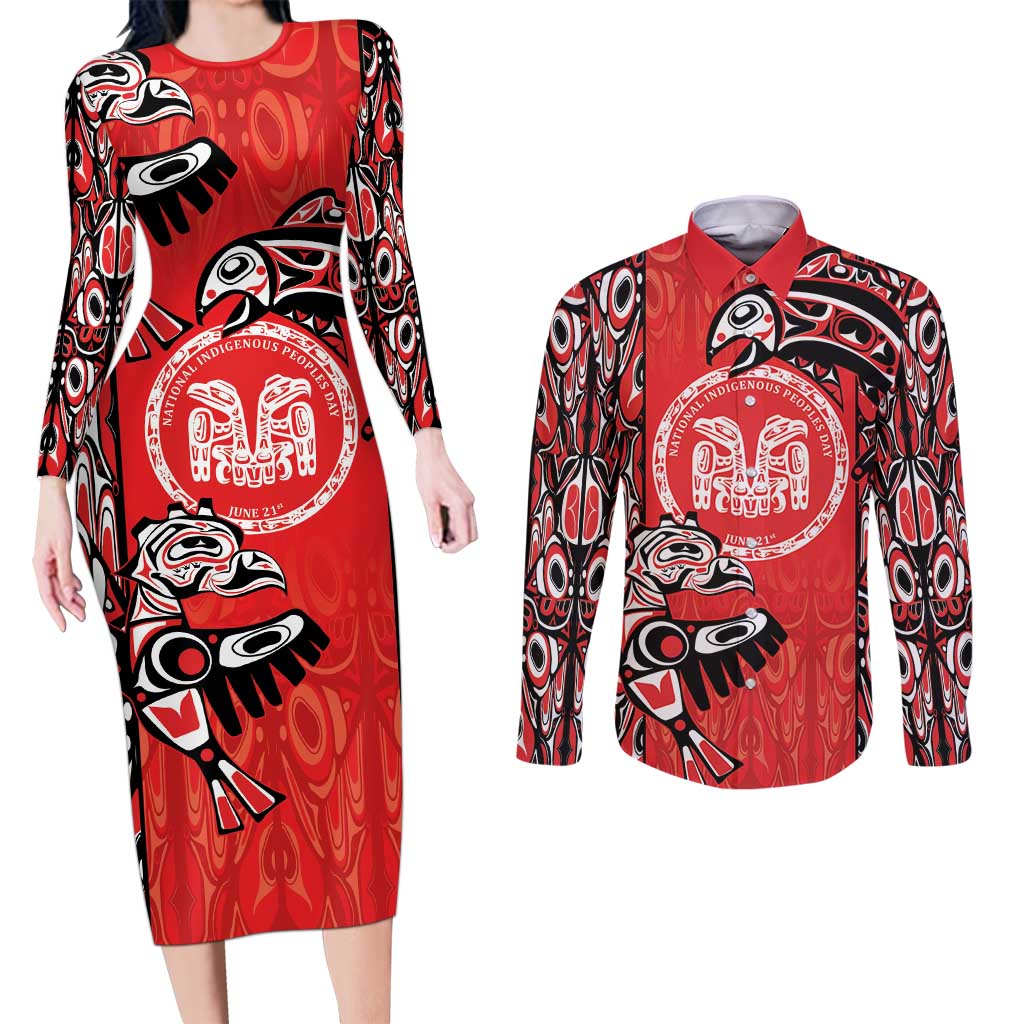 Personalized Canada Indigenous People Day Couples Matching Long Sleeve Bodycon Dress and Long Sleeve Button Shirt Haida Tribe Flag Tattoo Style