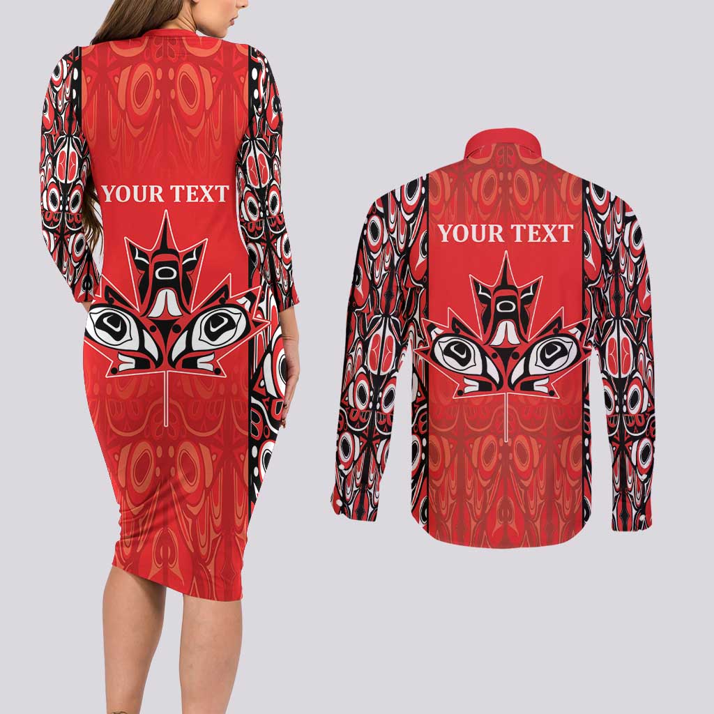 Personalized Canada Indigenous People Day Couples Matching Long Sleeve Bodycon Dress and Long Sleeve Button Shirt Haida Tribe Flag Tattoo Style