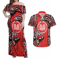 Personalized Canada Indigenous People Day Couples Matching Off Shoulder Maxi Dress and Hawaiian Shirt Haida Tribe Flag Tattoo Style