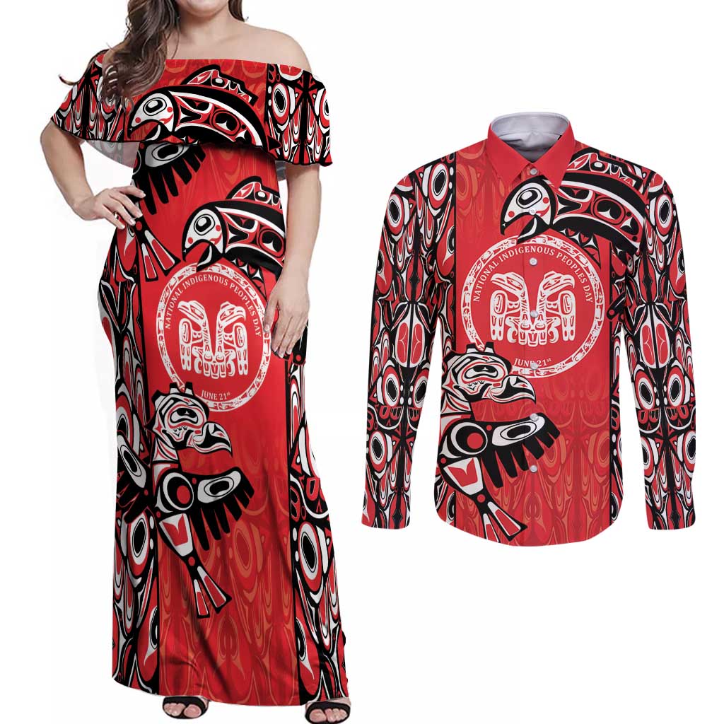 Personalized Canada Indigenous People Day Couples Matching Off Shoulder Maxi Dress and Long Sleeve Button Shirt Haida Tribe Flag Tattoo Style