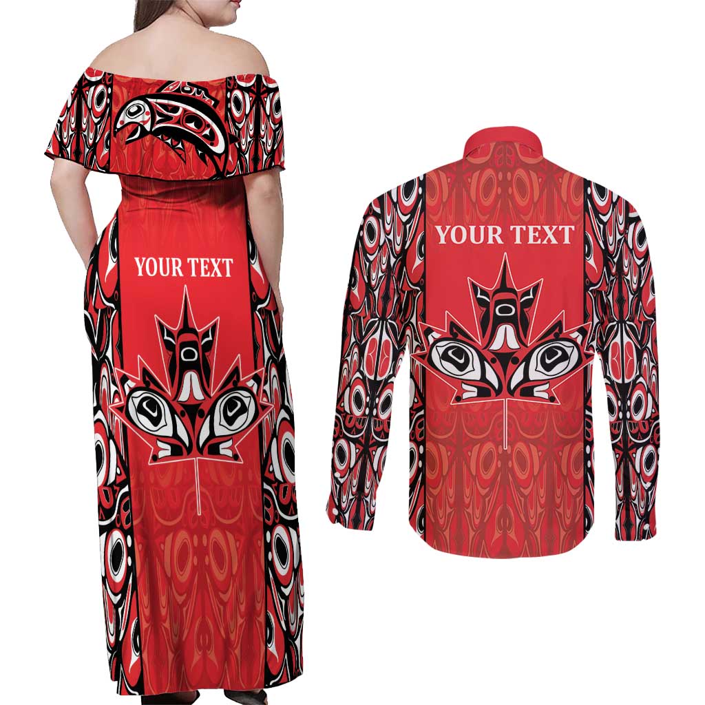 Personalized Canada Indigenous People Day Couples Matching Off Shoulder Maxi Dress and Long Sleeve Button Shirt Haida Tribe Flag Tattoo Style