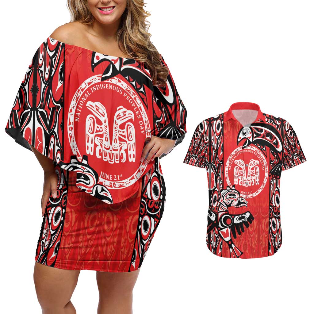 Personalized Canada Indigenous People Day Couples Matching Off Shoulder Short Dress and Hawaiian Shirt Haida Tribe Flag Tattoo Style