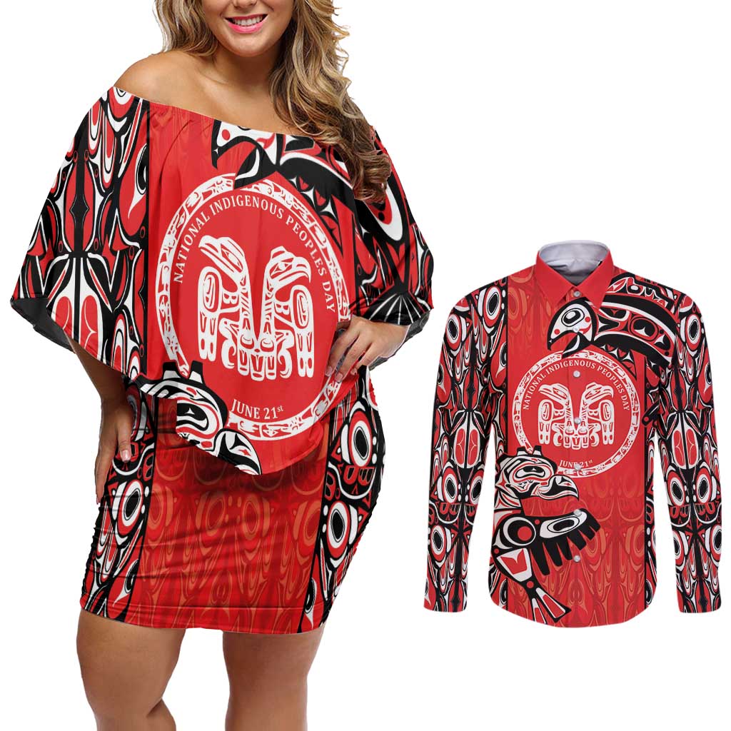 Personalized Canada Indigenous People Day Couples Matching Off Shoulder Short Dress and Long Sleeve Button Shirt Haida Tribe Flag Tattoo Style