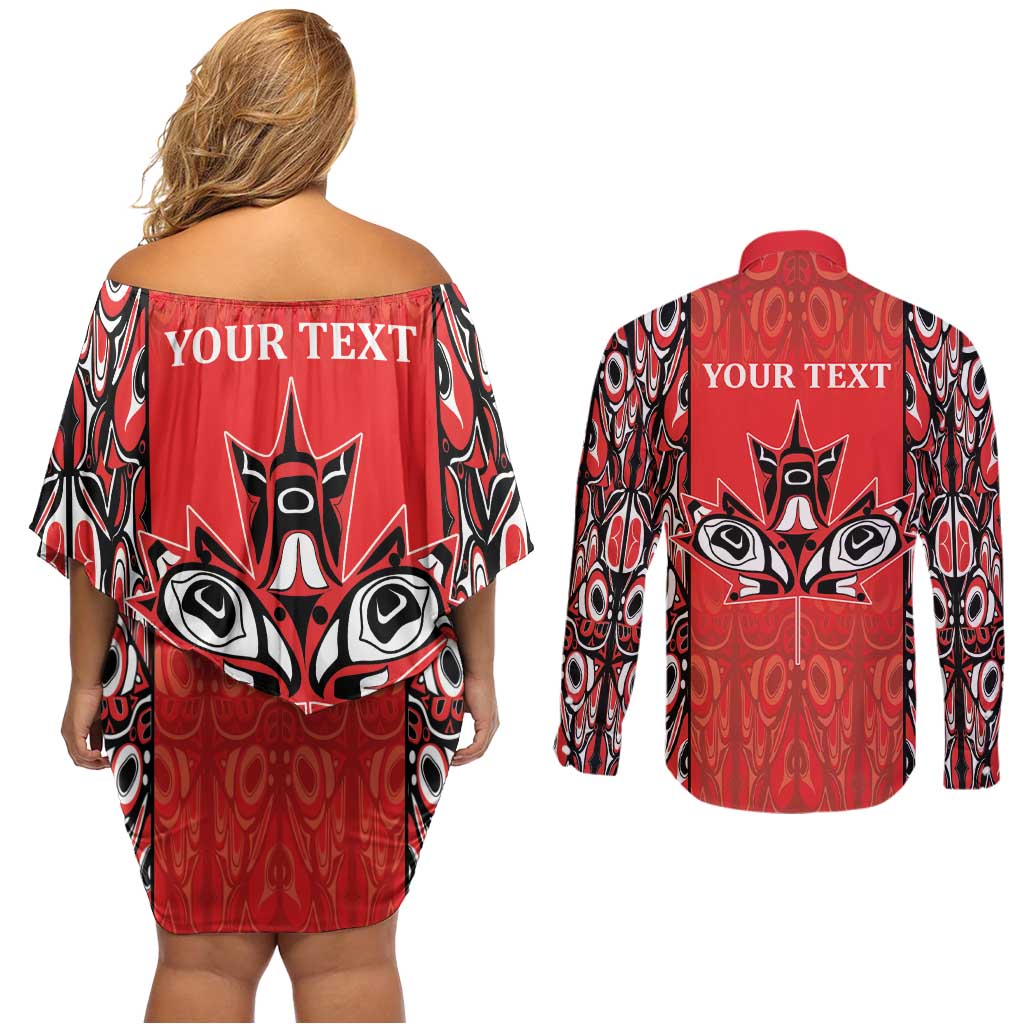 Personalized Canada Indigenous People Day Couples Matching Off Shoulder Short Dress and Long Sleeve Button Shirt Haida Tribe Flag Tattoo Style