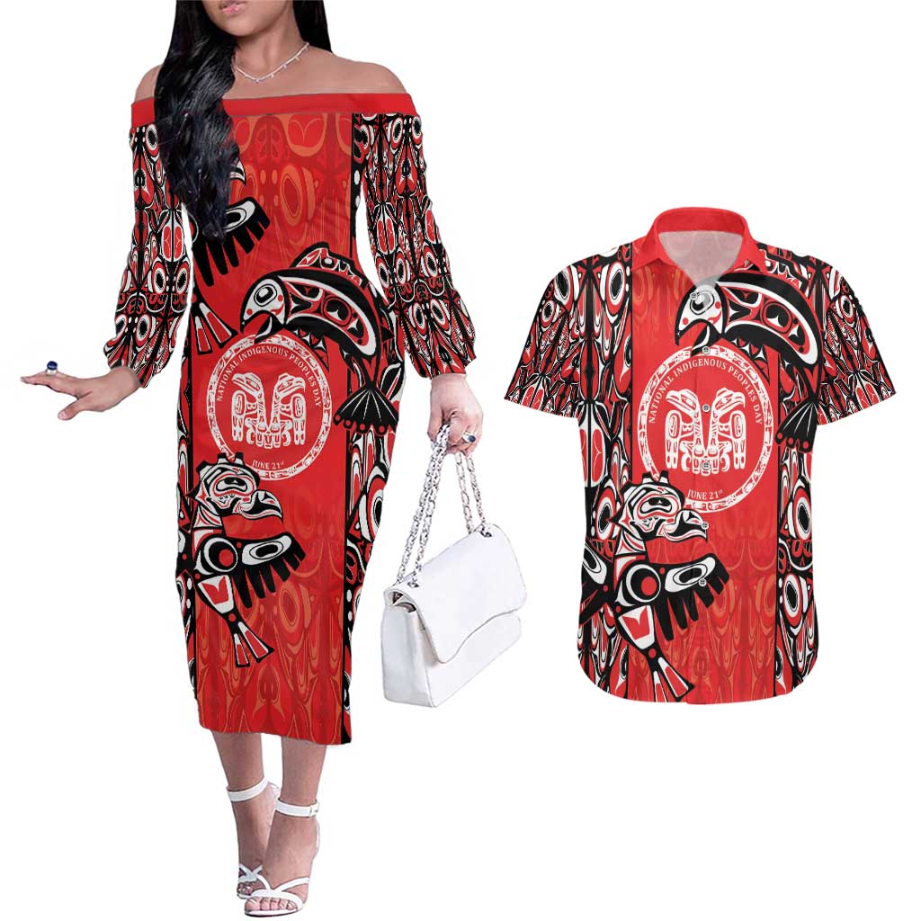 Personalized Canada Indigenous People Day Couples Matching Off The Shoulder Long Sleeve Dress and Hawaiian Shirt Haida Tribe Flag Tattoo Style