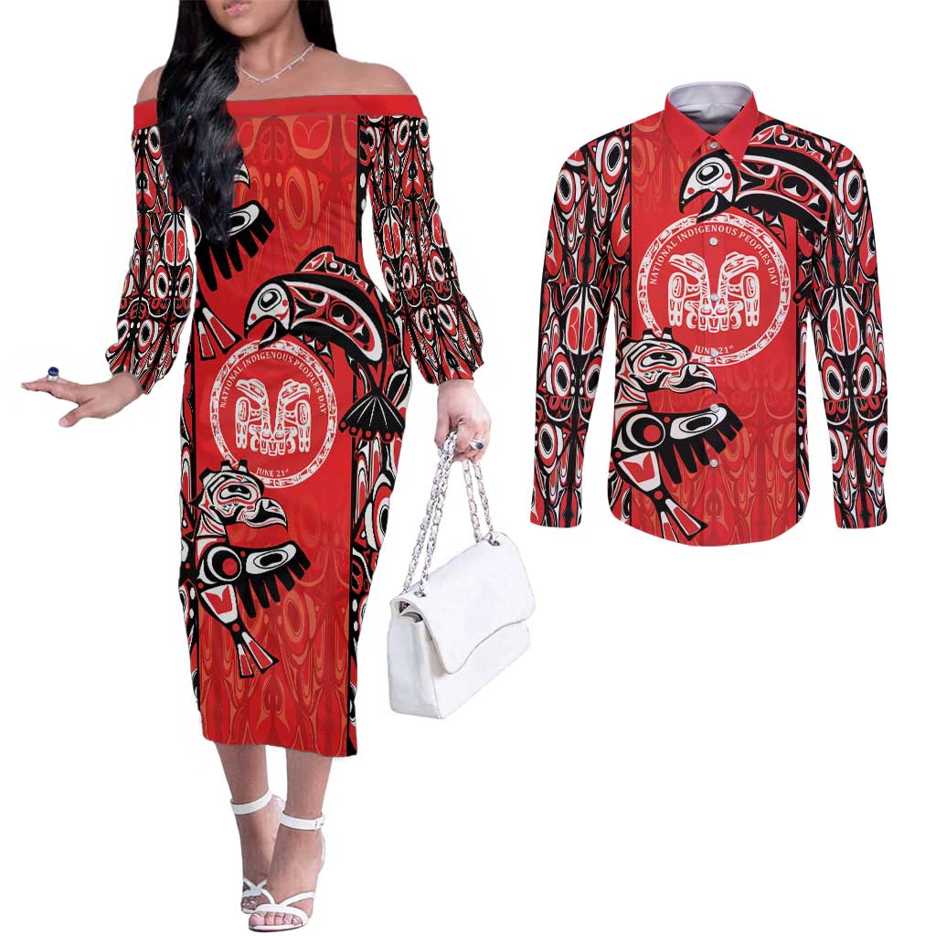 Personalized Canada Indigenous People Day Couples Matching Off The Shoulder Long Sleeve Dress and Long Sleeve Button Shirt Haida Tribe Flag Tattoo Style