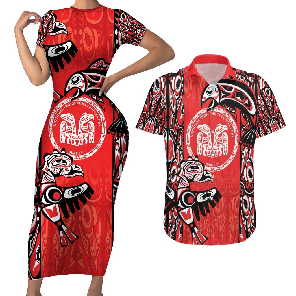 Personalized Canada Indigenous People Day Couples Matching Short Sleeve Bodycon Dress and Hawaiian Shirt Haida Tribe Flag Tattoo Style