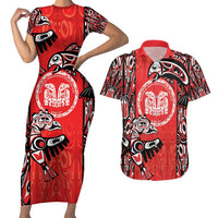 Personalized Canada Indigenous People Day Couples Matching Short Sleeve Bodycon Dress and Hawaiian Shirt Haida Tribe Flag Tattoo Style