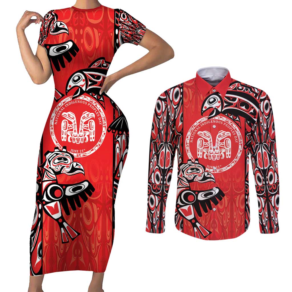 Personalized Canada Indigenous People Day Couples Matching Short Sleeve Bodycon Dress and Long Sleeve Button Shirt Haida Tribe Flag Tattoo Style