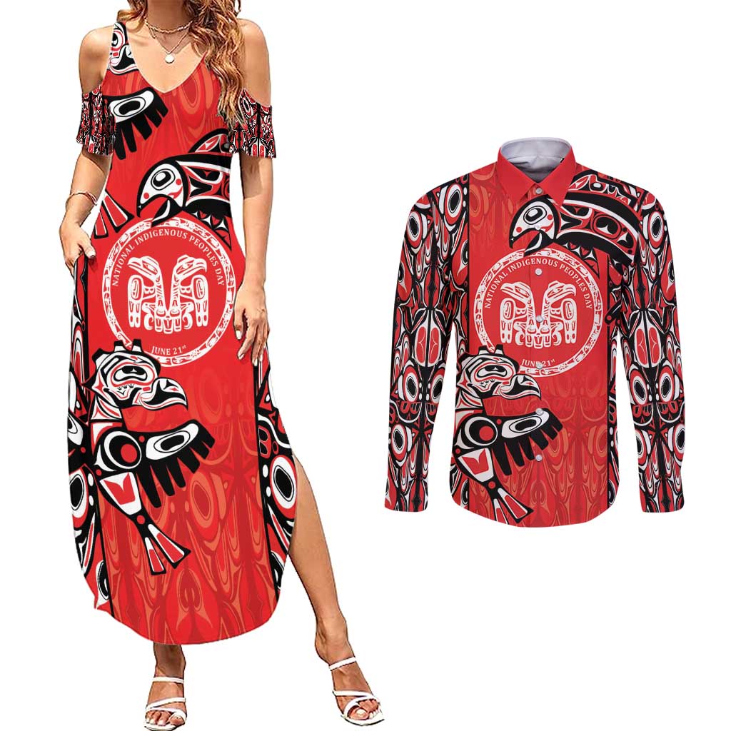Personalized Canada Indigenous People Day Couples Matching Summer Maxi Dress and Long Sleeve Button Shirt Haida Tribe Flag Tattoo Style