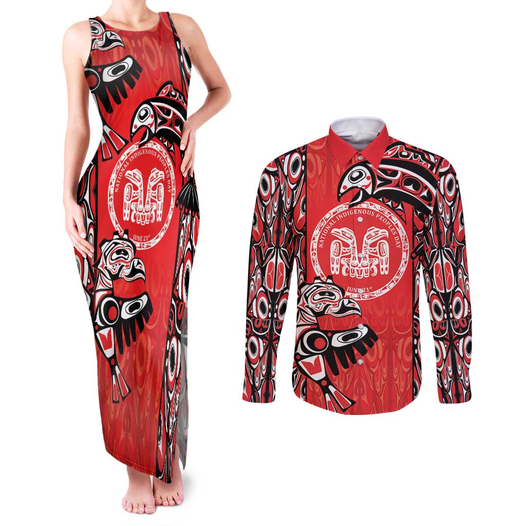 Personalized Canada Indigenous People Day Couples Matching Tank Maxi Dress and Long Sleeve Button Shirt Haida Tribe Flag Tattoo Style