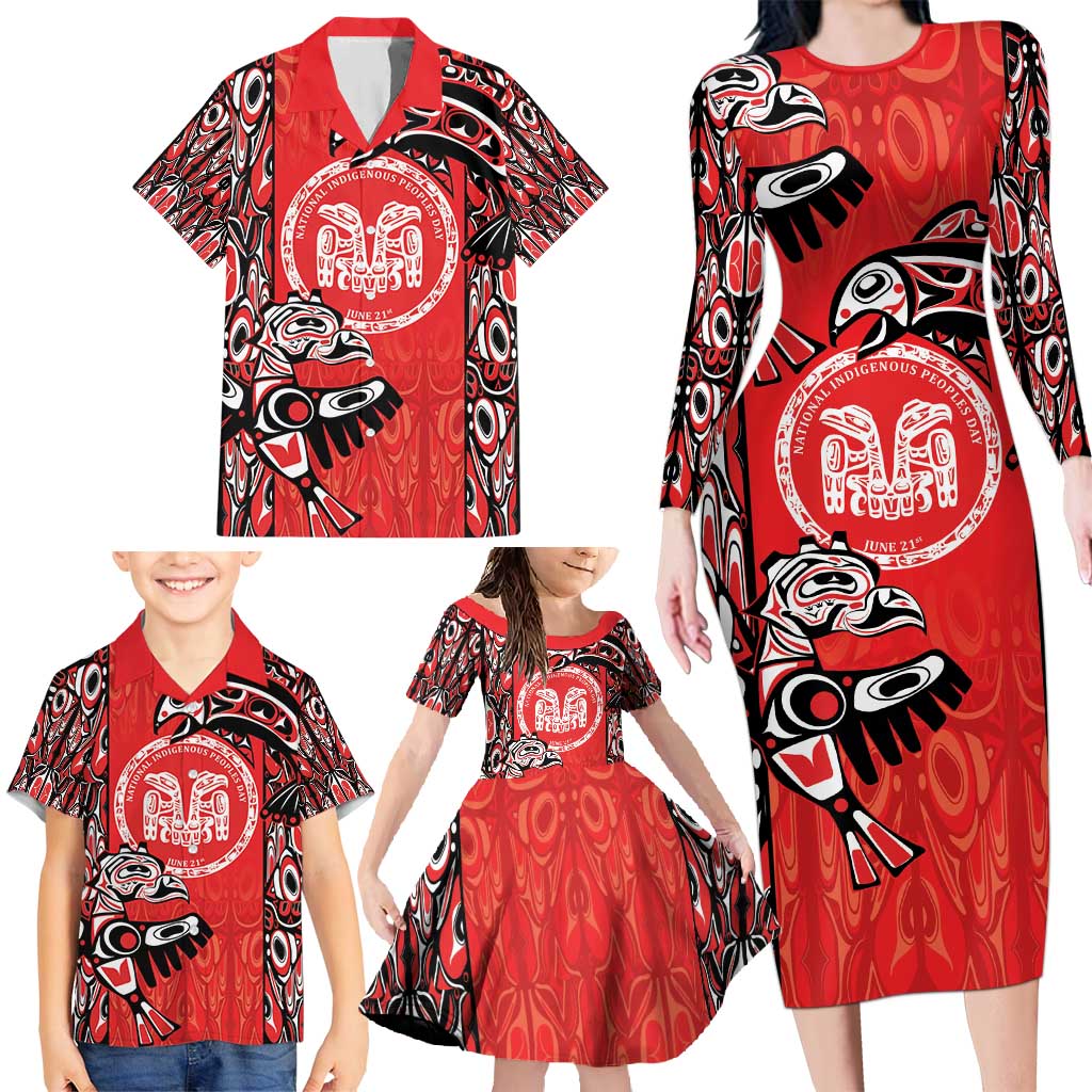 Personalized Canada Indigenous People Day Family Matching Long Sleeve Bodycon Dress and Hawaiian Shirt Haida Tribe Flag Tattoo Style