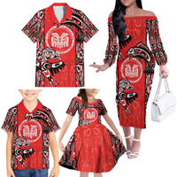 Personalized Canada Indigenous People Day Family Matching Off The Shoulder Long Sleeve Dress and Hawaiian Shirt Haida Tribe Flag Tattoo Style