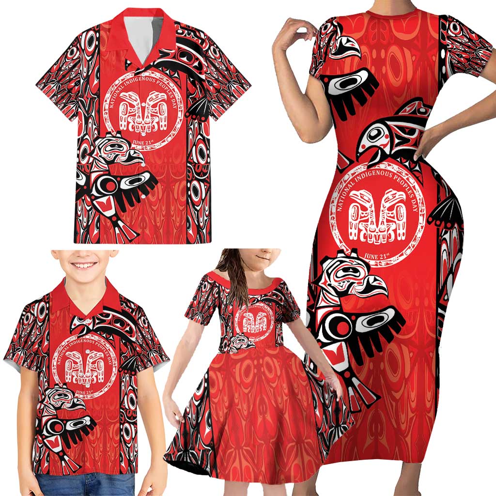 Personalized Canada Indigenous People Day Family Matching Short Sleeve Bodycon Dress and Hawaiian Shirt Haida Tribe Flag Tattoo Style