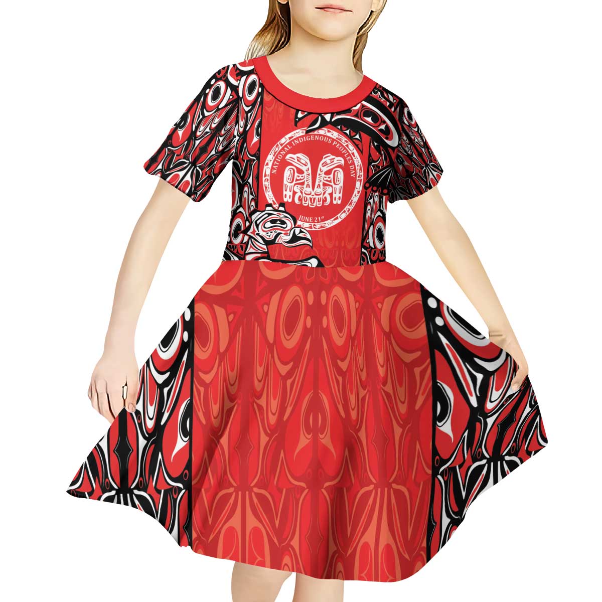 Personalized Canada Indigenous People Day Kid Short Sleeve Dress Haida Tribe Flag Tattoo Style