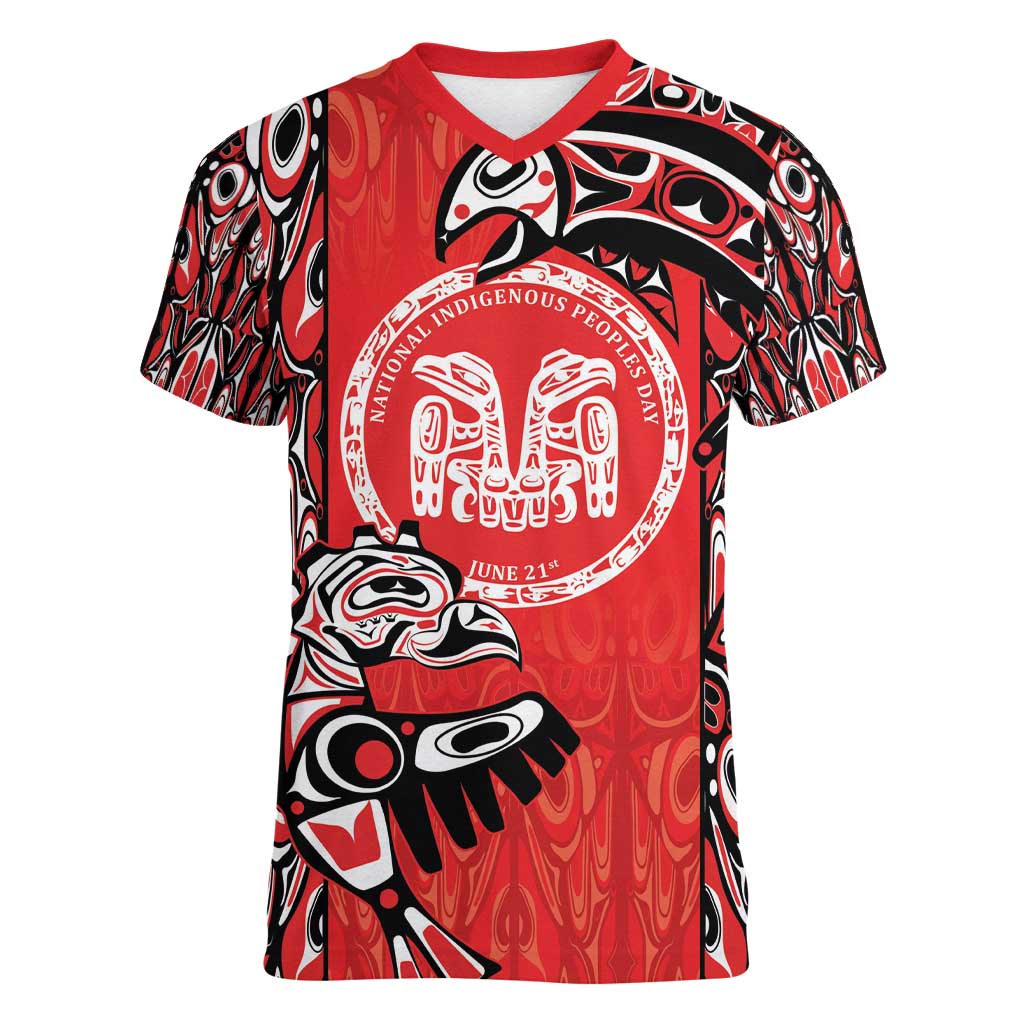 Personalized Canada Indigenous People Day Women V-Neck T-Shirt Haida Tribe Flag Tattoo Style
