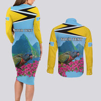 Personalized Pitons Saint Lucian Bougainvillea Couples Matching Long Sleeve Bodycon Dress and Long Sleeve Button Shirt