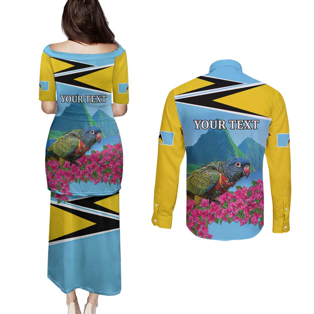 Personalized Pitons Saint Lucian Bougainvillea Couples Matching Puletasi and Long Sleeve Button Shirt