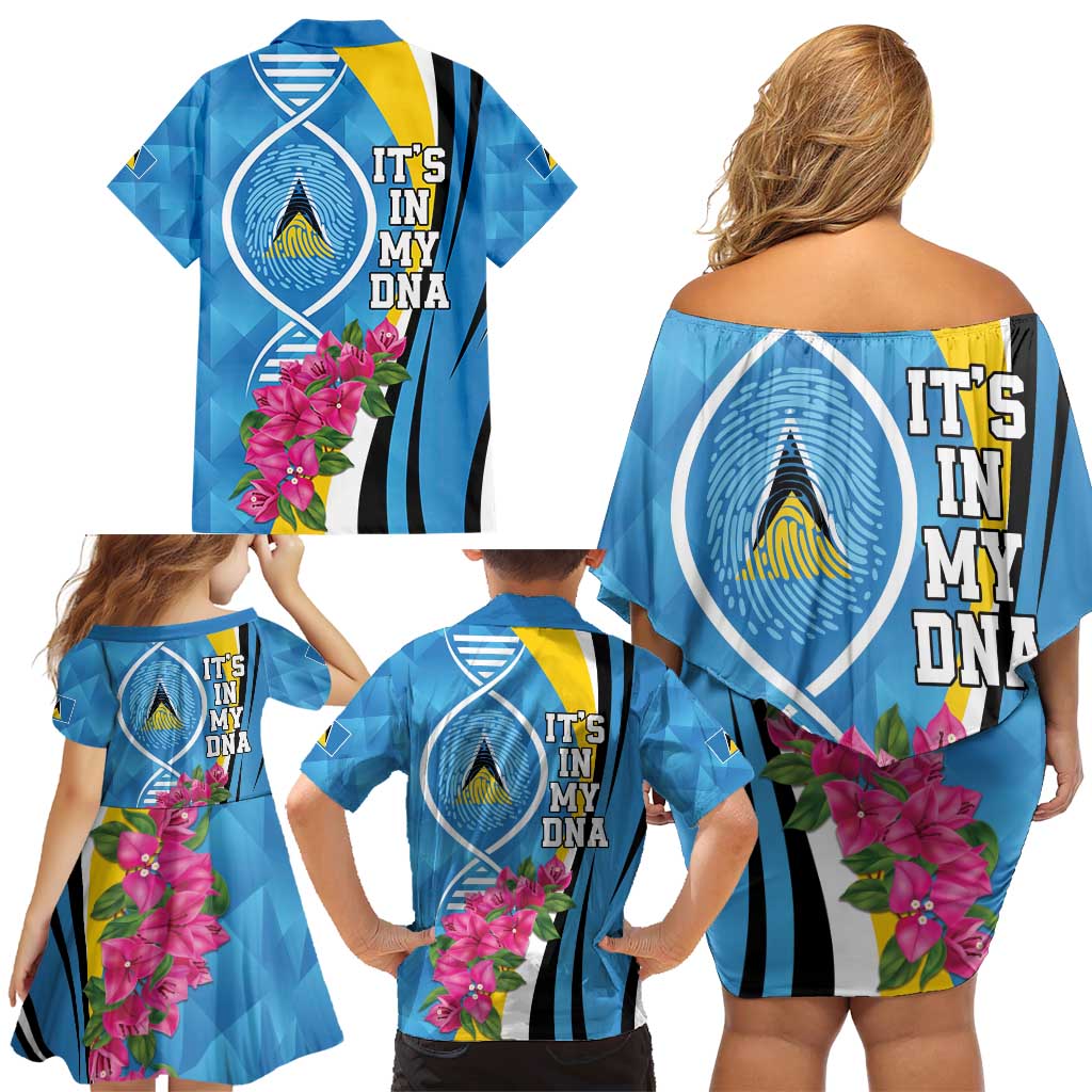 Saint Lucia Flag Pride It's in My DNA Family Matching Off Shoulder Short Dress and Hawaiian Shirt