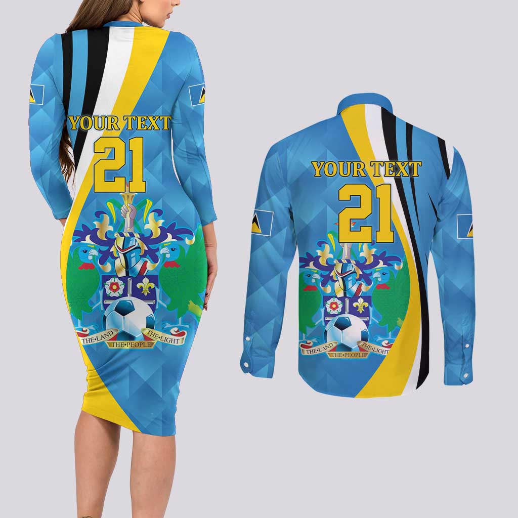 Custom Saint Lucia Football Couples Matching Long Sleeve Bodycon Dress and Long Sleeve Button Shirt Sporty Pattern