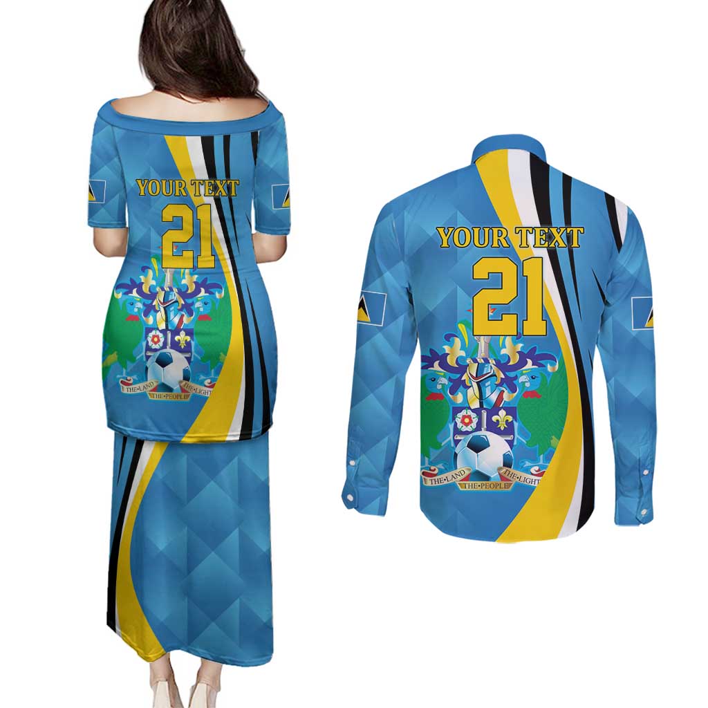 Custom Saint Lucia Football Couples Matching Puletasi and Long Sleeve Button Shirt Sporty Pattern