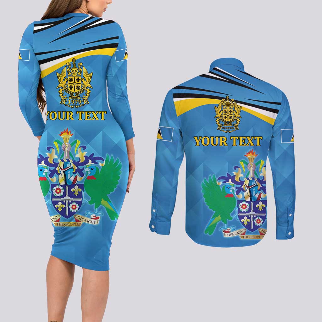 Personalized Saint Lucia Independence Day Couples Matching Long Sleeve Bodycon Dress and Long Sleeve Button Shirt Since 1979