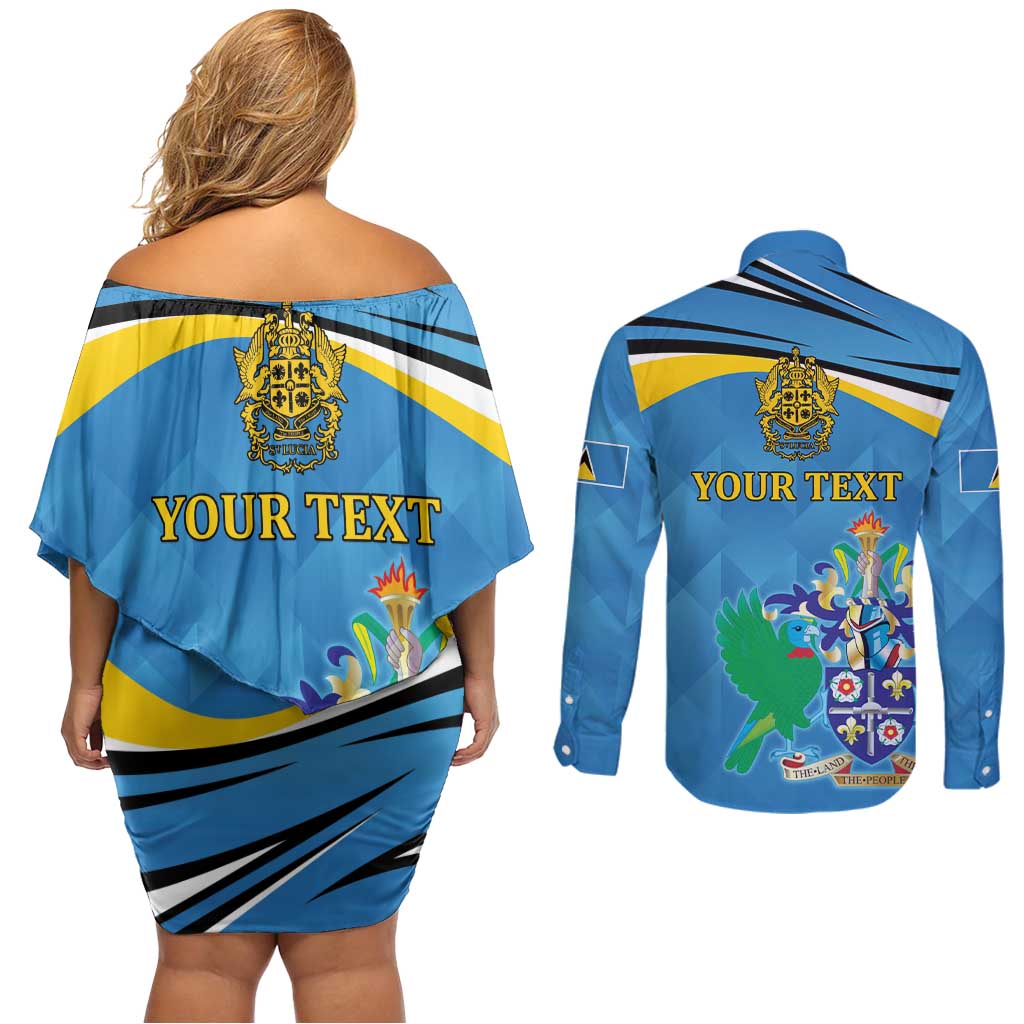 Personalized Saint Lucia Independence Day Couples Matching Off Shoulder Short Dress and Long Sleeve Button Shirt Since 1979
