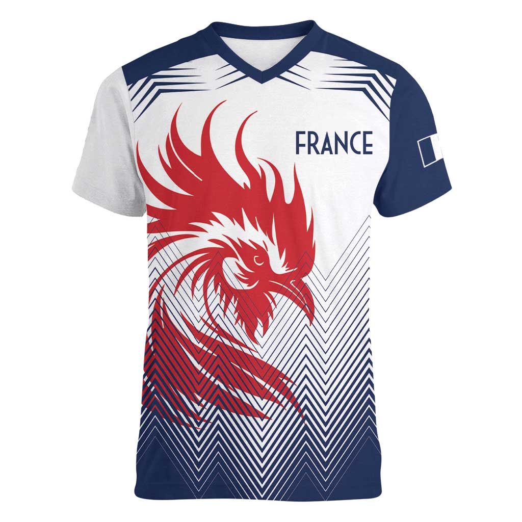 Custom France Rugby Women V-Neck T-Shirt Summer Paris 2024 - Wonder Print Shop