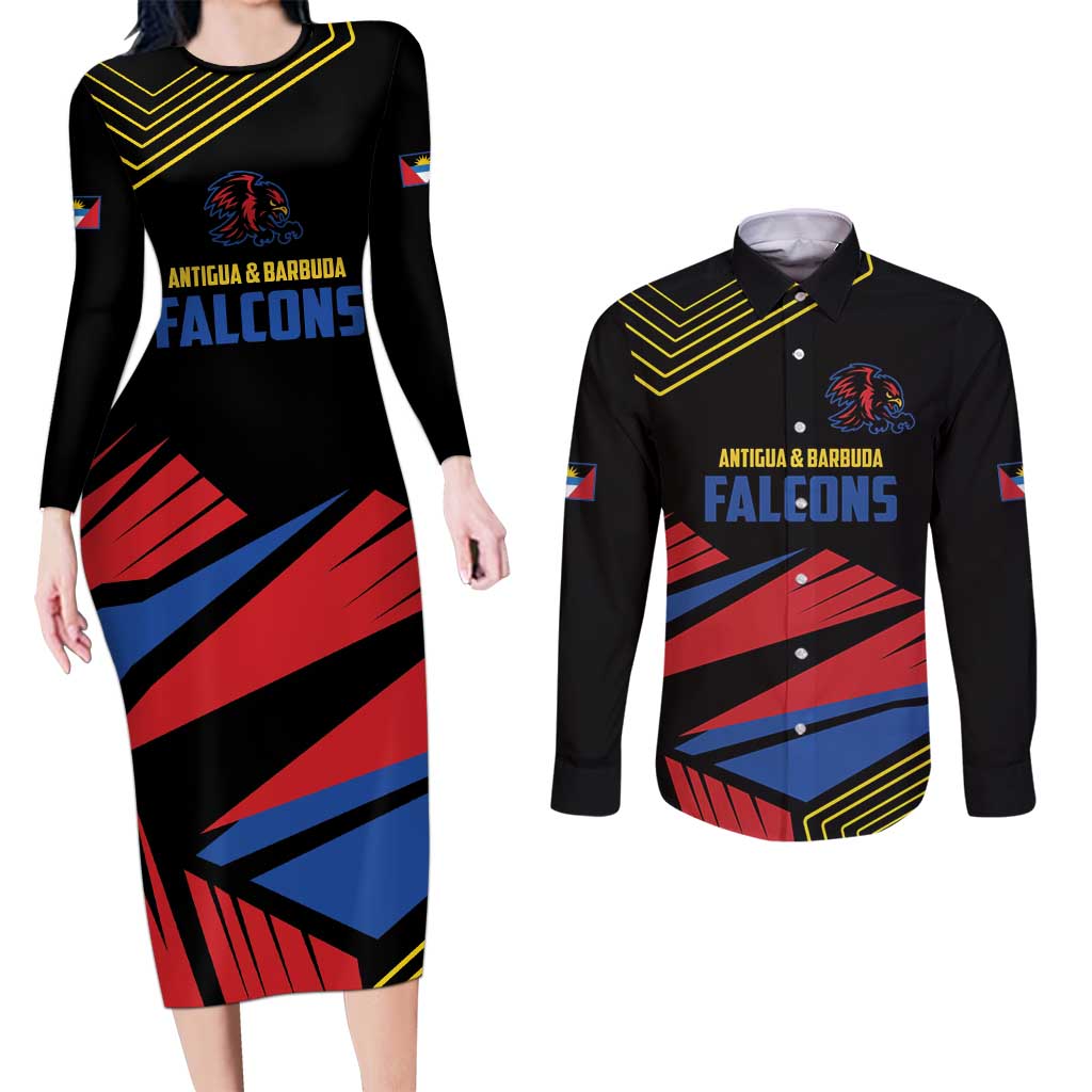 Custom Caribbean Cricket Antigua and Barbuda Couples Matching Long Sleeve Bodycon Dress and Long Sleeve Button Shirt - Wonder Print Shop