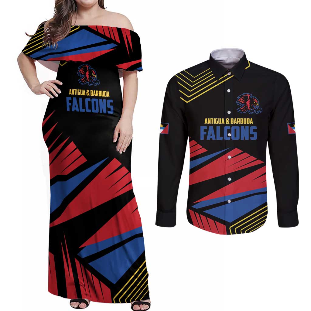 Custom Caribbean Cricket Antigua and Barbuda Couples Matching Off Shoulder Maxi Dress and Long Sleeve Button Shirt - Wonder Print Shop