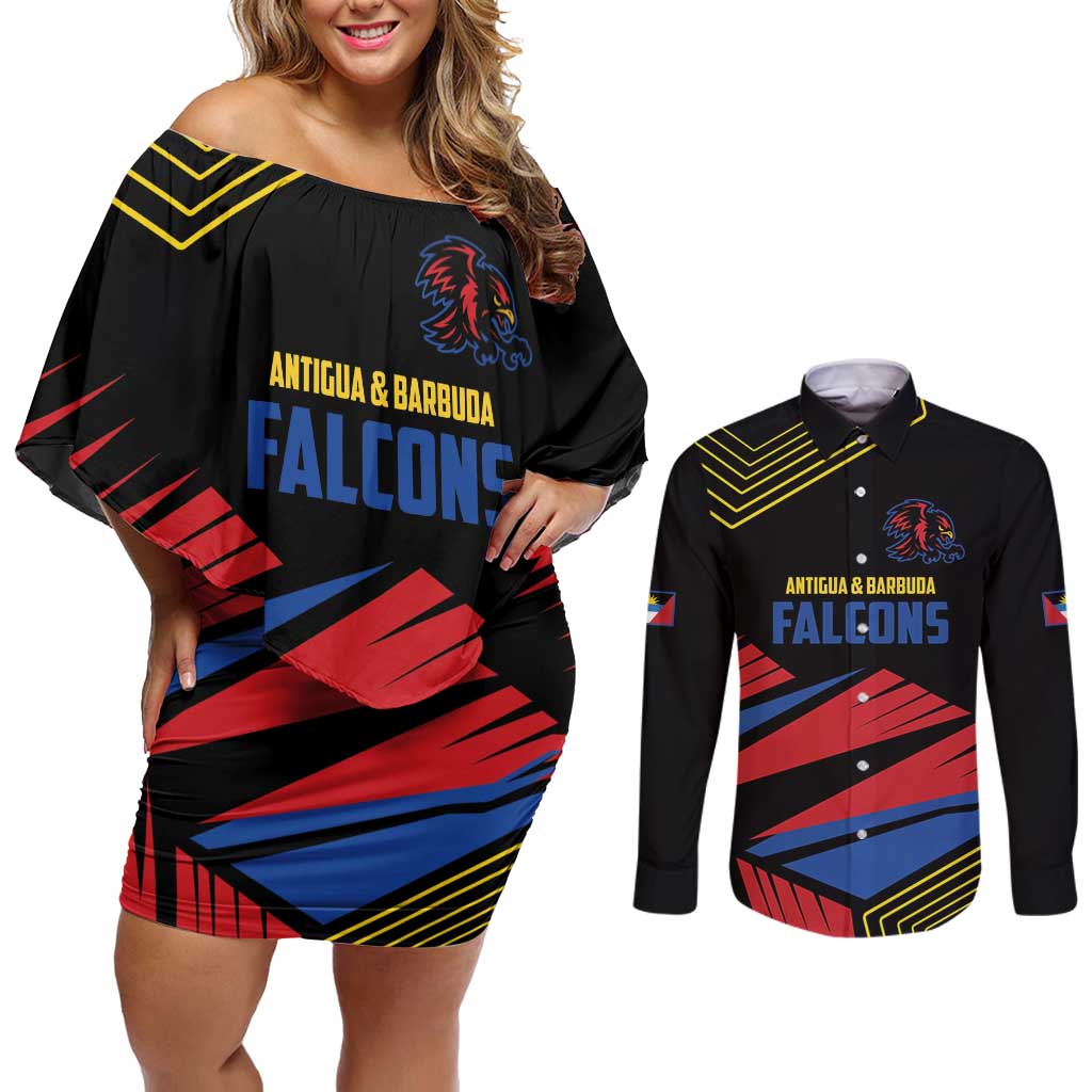 Custom Caribbean Cricket Antigua and Barbuda Couples Matching Off Shoulder Short Dress and Long Sleeve Button Shirt - Wonder Print Shop