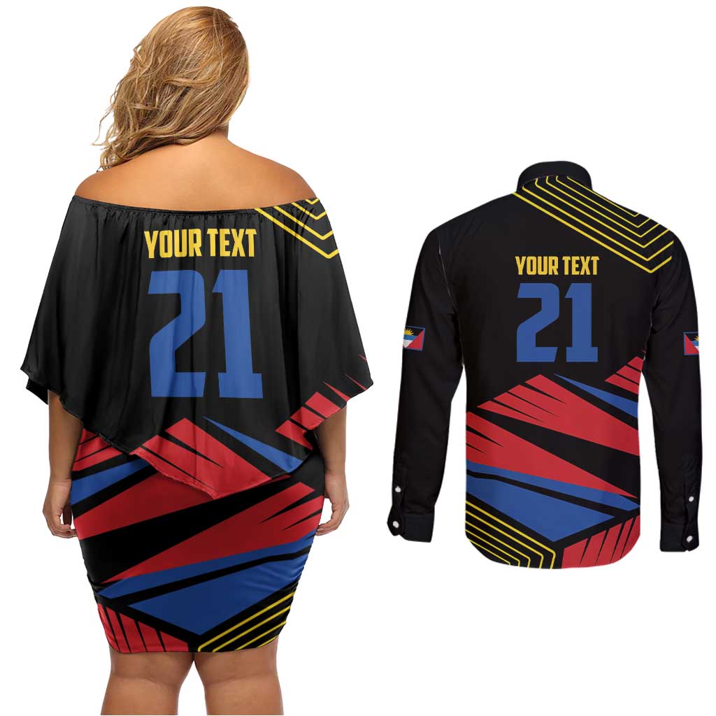 Custom Caribbean Cricket Antigua and Barbuda Couples Matching Off Shoulder Short Dress and Long Sleeve Button Shirt - Wonder Print Shop